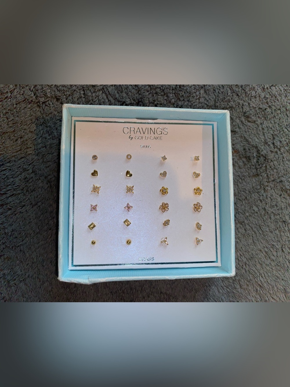 BNIB Cravings by Gold Cake Brass/Gold Plated Stud Earrings Set of 12